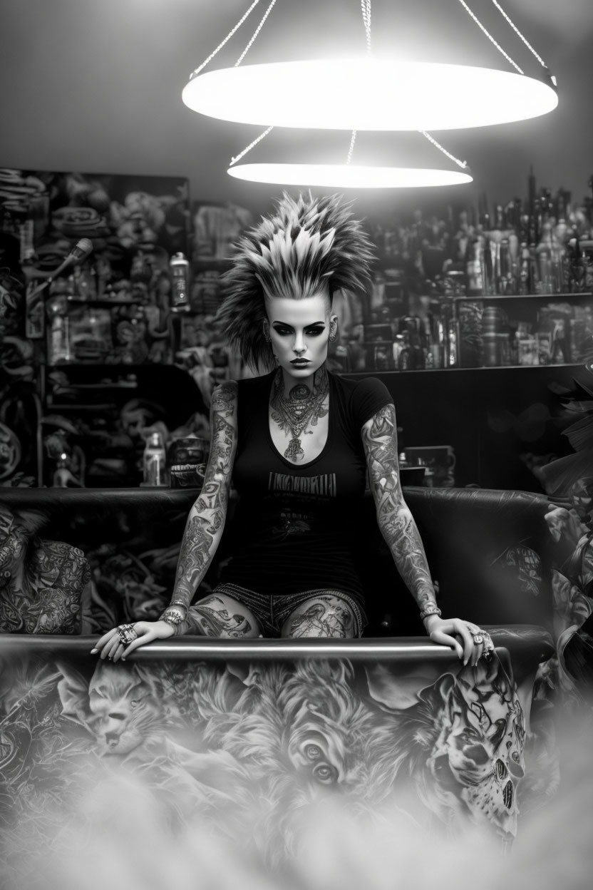 Person with Mohawk Hairstyle and Tattoos in Room with Decorative Lighting and Bottles