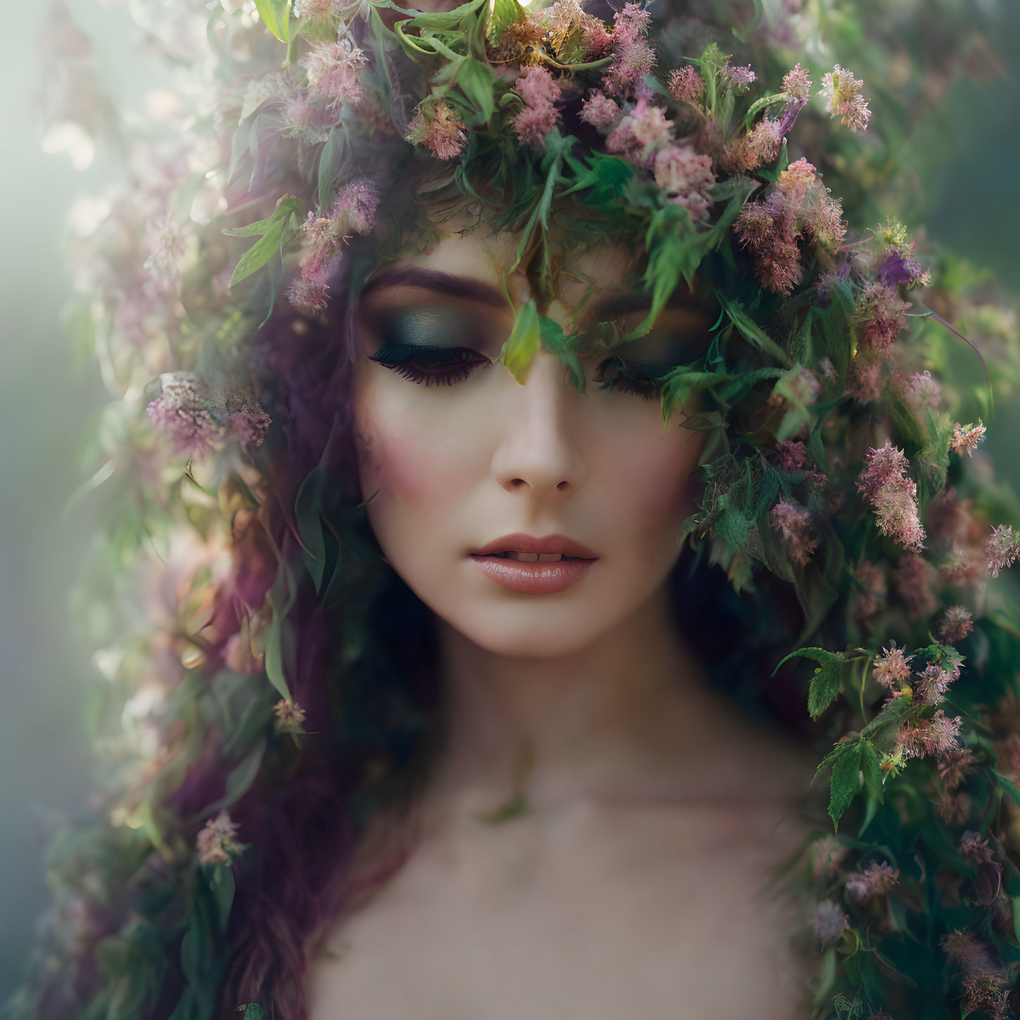 Woman with serene expression wearing floral headdress surrounded by delicate blooms and greenery.