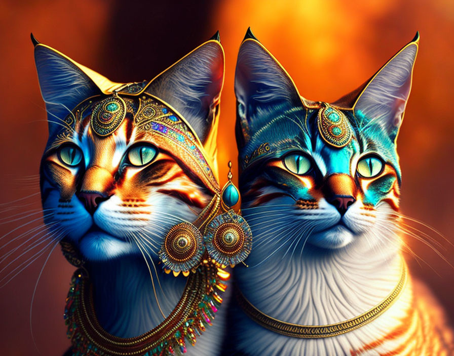 Ornately Adorned Cats with Blue Fur and Golden Jewelry on Fiery Background