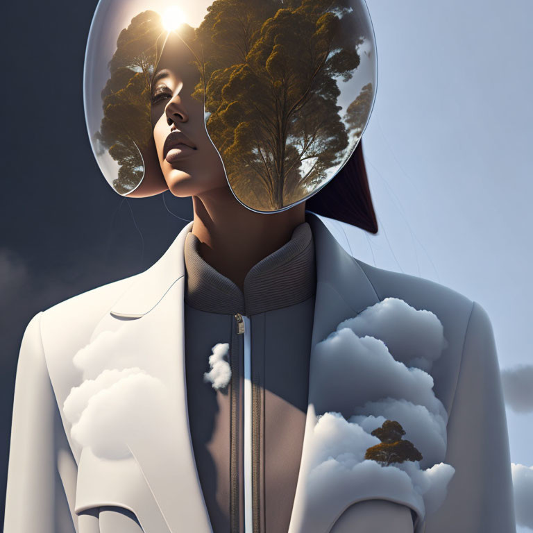 Surreal portrait of a woman with reflective visor and tree display.