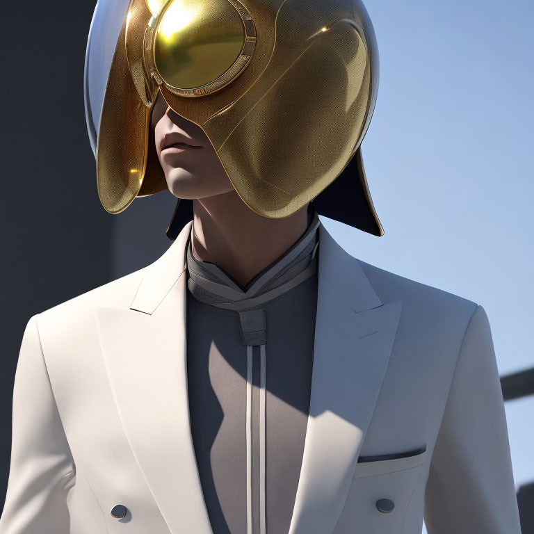 Stylish person in white suit with futuristic golden helmet on neutral background