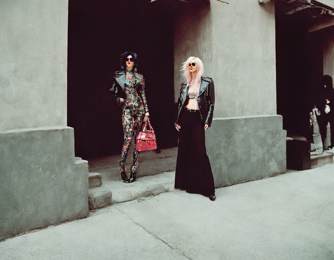 Two stylish women in colorful jumpsuit and leather jacket posing confidently on urban street