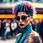 Colorful mohawk, sunglasses, blue scarf, bold makeup, tattoos - Stylish individual in