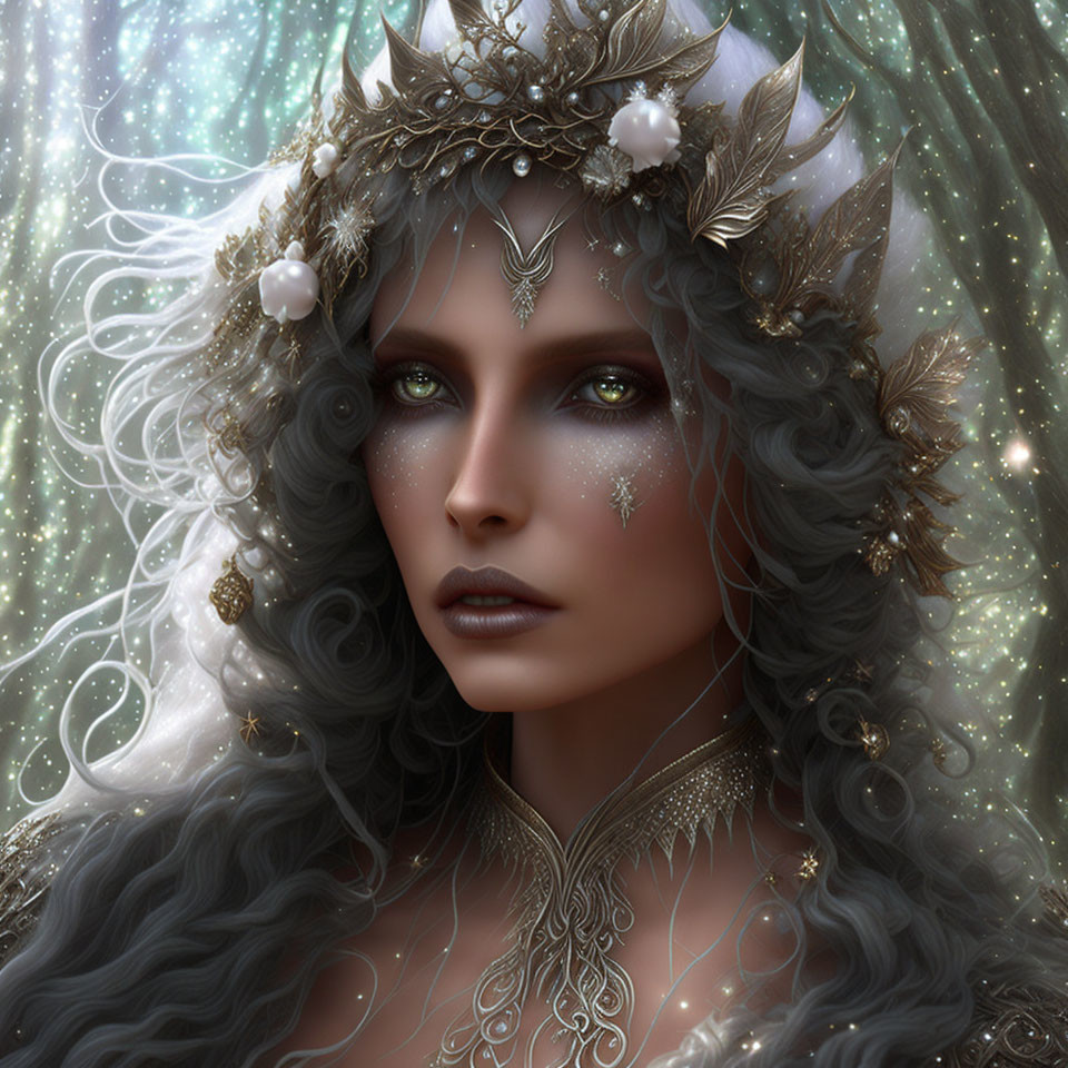 Mystical figure with green eyes, silver crown, and gray hair