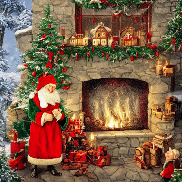 Santa Claus delivering gifts by a fireplace in a Christmas-themed room.