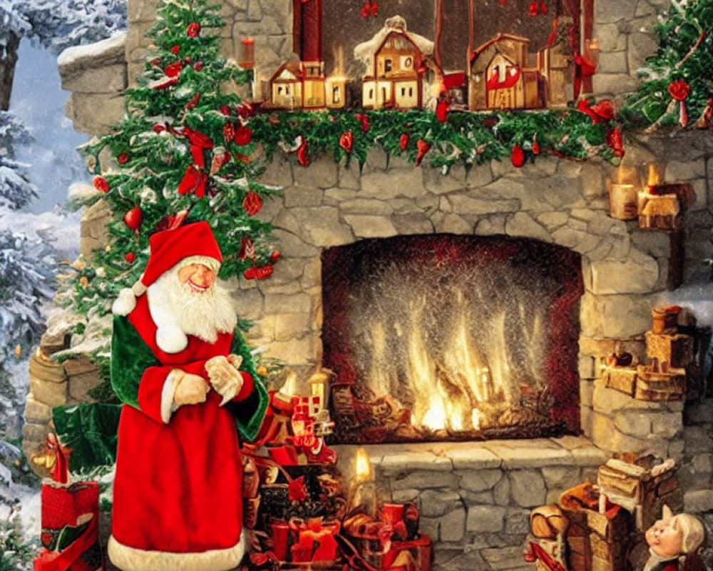 Santa Claus delivering gifts by a fireplace in a Christmas-themed room.