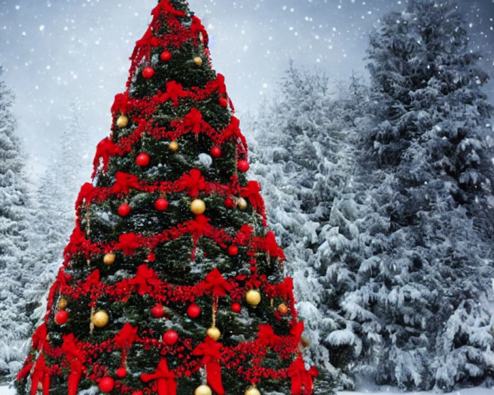 Festive Christmas tree with red and gold ornaments in snowy forest landscape