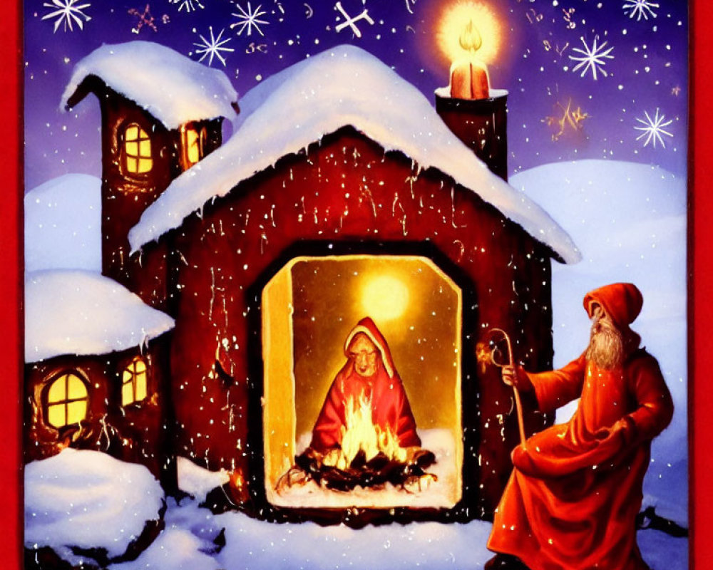 Snowy Christmas scene with house, fireplace, candle, snowflakes, Santa figure