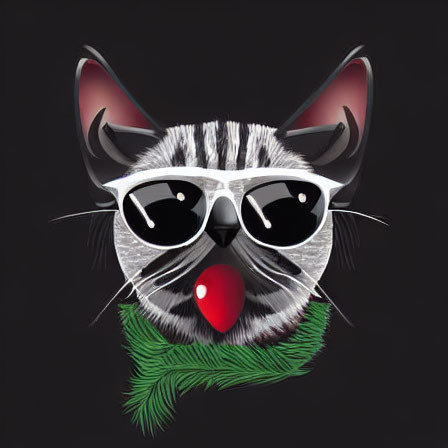 Cat face with red clown nose, sunglasses, and green scarf on black background