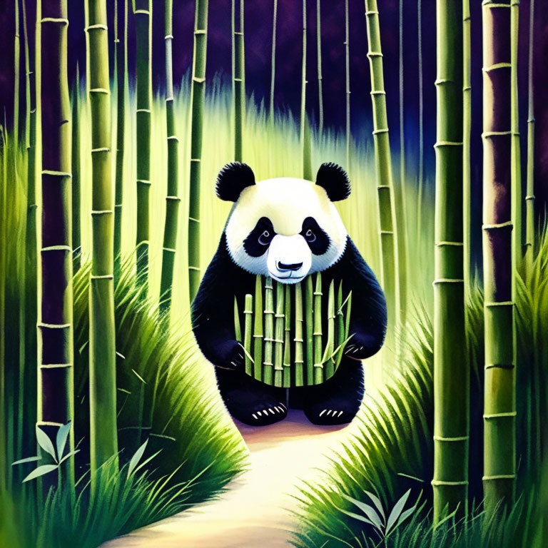 Illustration of panda in bamboo forest with glowing backdrop
