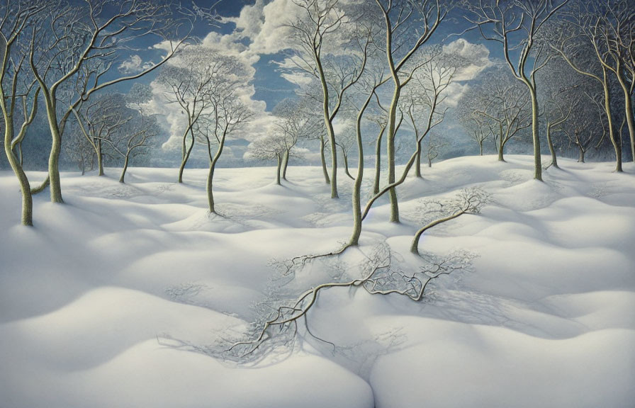 Winter landscape: Bare trees in snow under blue sky
