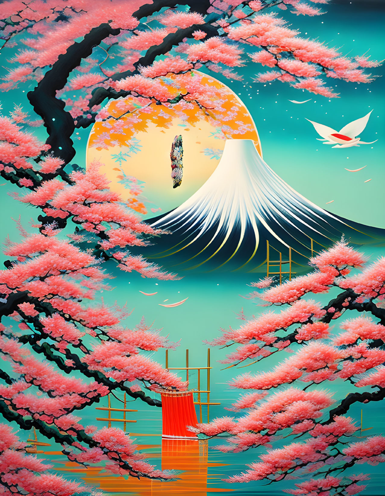 Stylized Mount Fuji with cherry blossoms, torii gate, cranes at sunrise