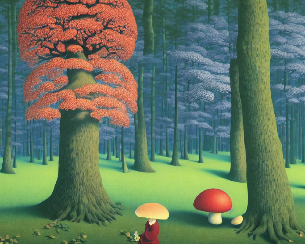 Surreal forest scene with giant mushroom, person, and autumnal tree