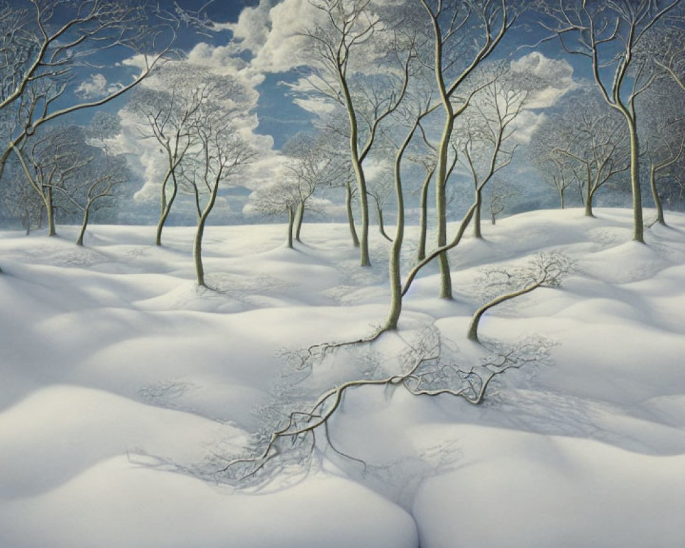 Winter landscape: Bare trees in snow under blue sky