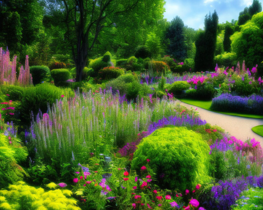Colorful Flower Garden with Trimmed Bushes and Meandering Path