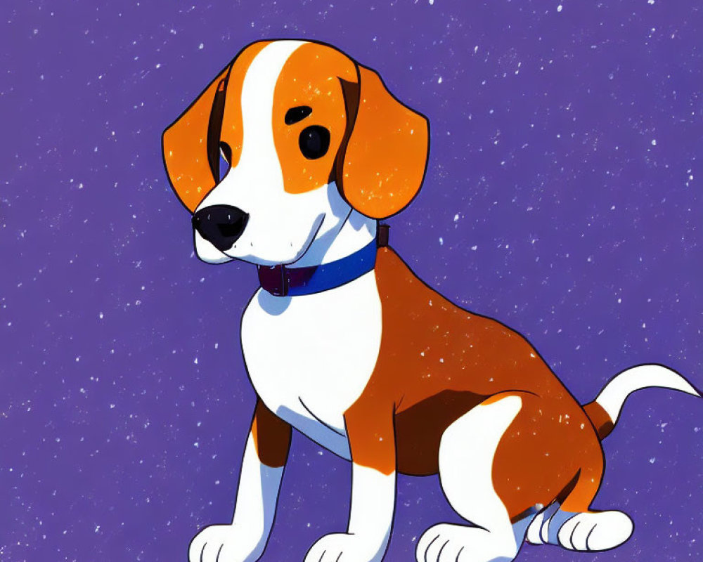 Illustrated Beagle with Blue Collar on Starry Purple Background
