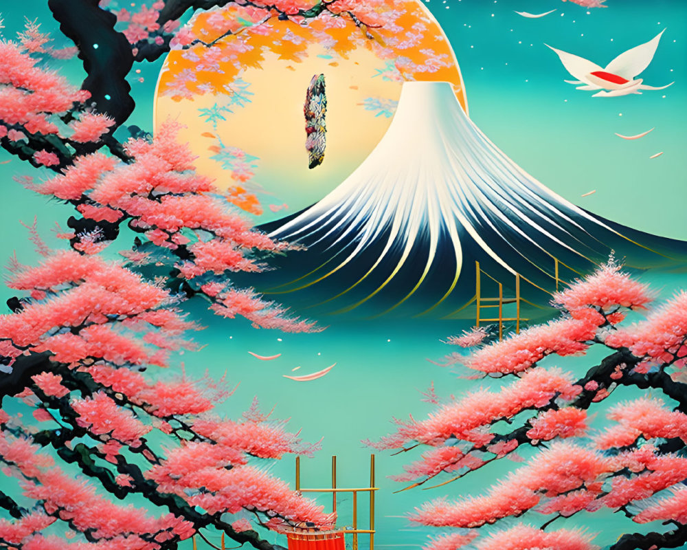 Stylized Mount Fuji with cherry blossoms, torii gate, cranes at sunrise