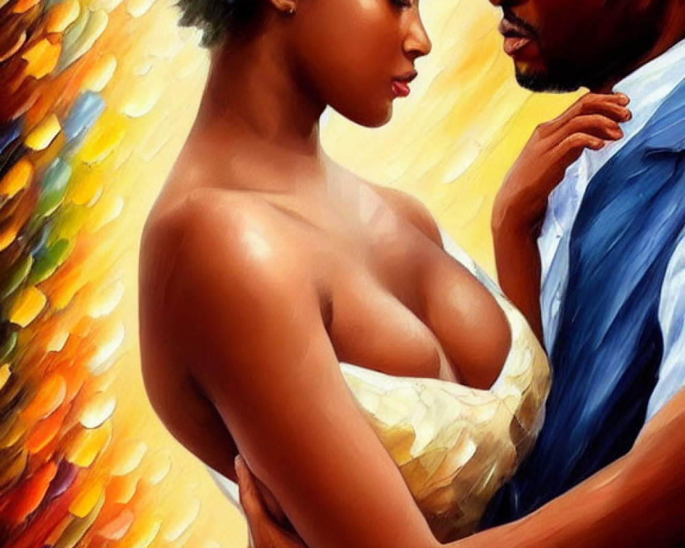 Romantic painting of couple in embrace with vibrant background