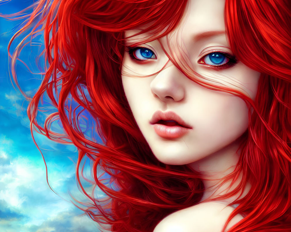 Digital artwork: Woman with red hair and blue eyes on blue sky.