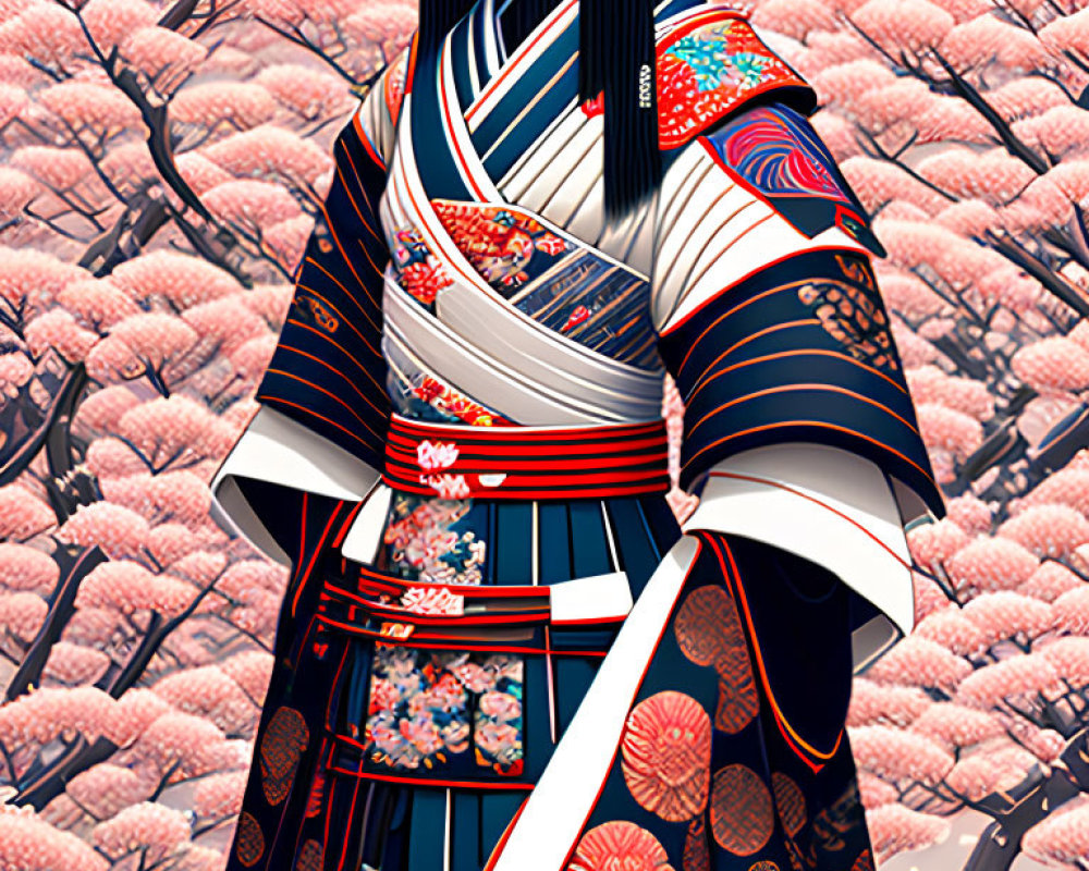Stylized illustration of person in traditional Japanese attire among cherry blossoms