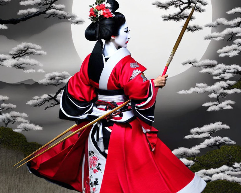 Traditional red and white kimono with elaborate hairstyle against monochromatic backdrop