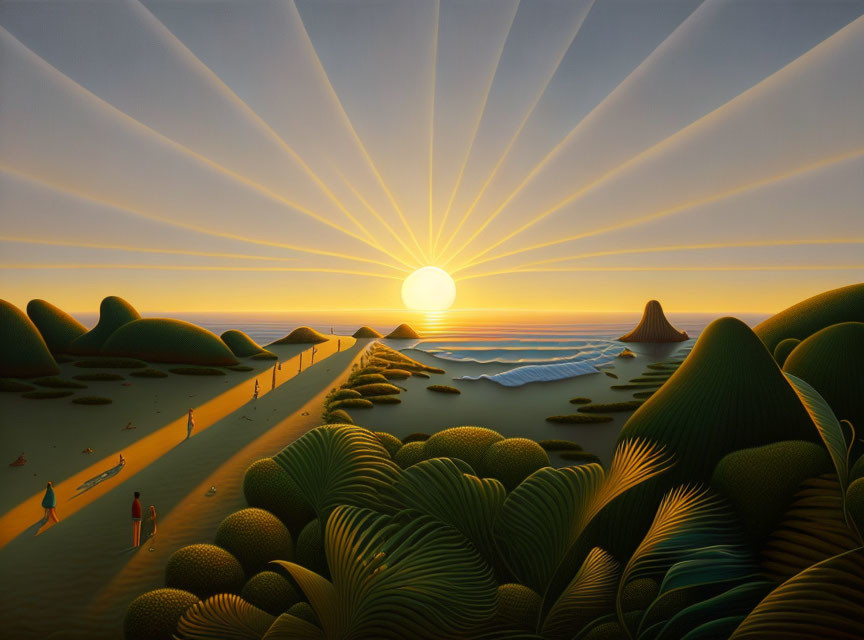 Surreal landscape with green hills, sunset over ocean, people on path