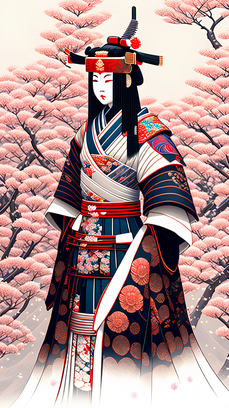 Stylized illustration of person in traditional Japanese attire among cherry blossoms