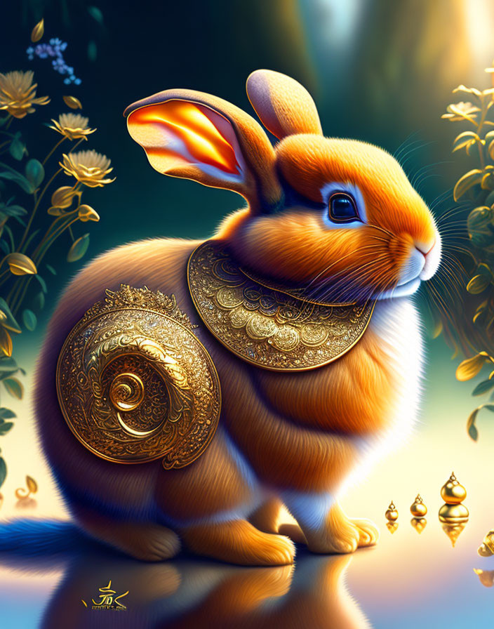 Golden-brown bunny with intricate golden patterns in floral setting