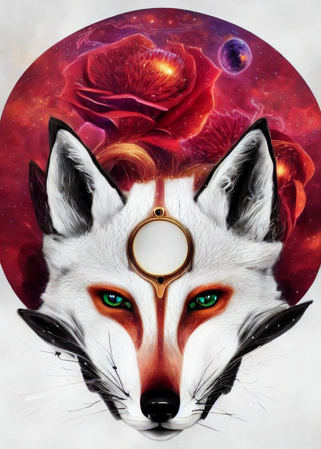 Vibrant Fox Head Artwork with Green Eyes and Cosmic Background
