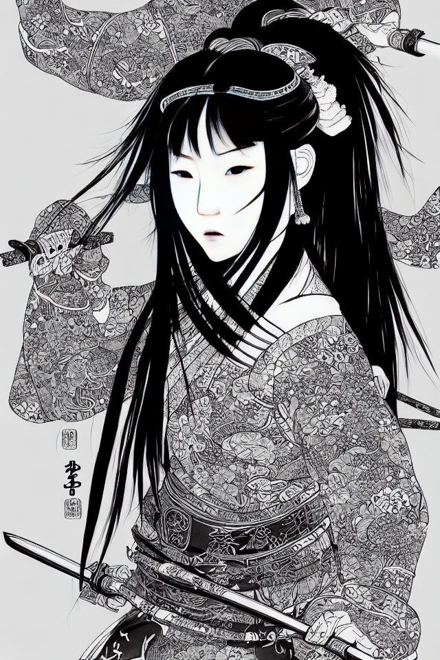 Illustration of person in East Asian attire with sword