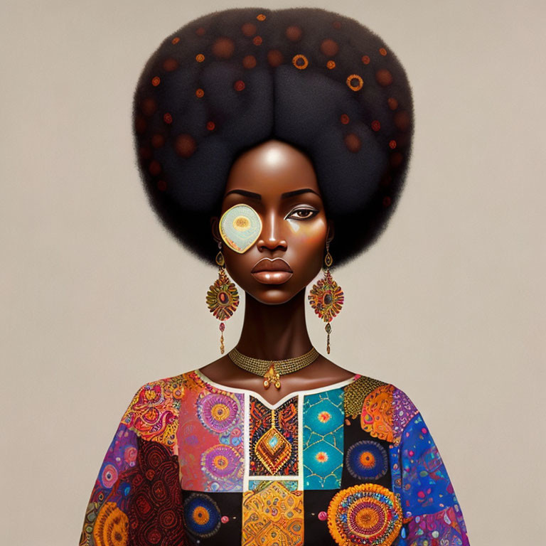 Detailed illustration of woman with elaborate afro hairstyle and colorful attire.