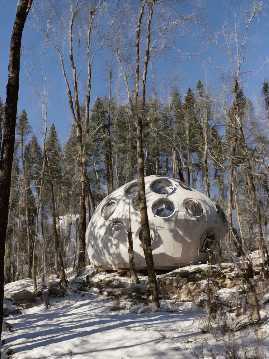 Futuristic spherical structure with round windows in snowy forest