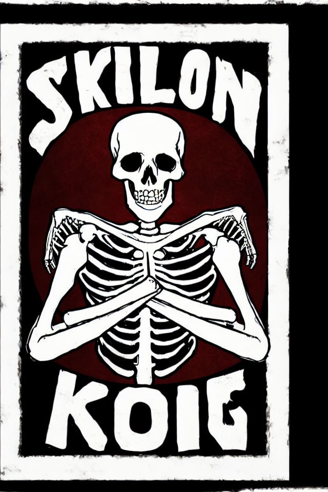 Monochrome skeleton illustration with "SKIL" and "KOIG" on red oval background