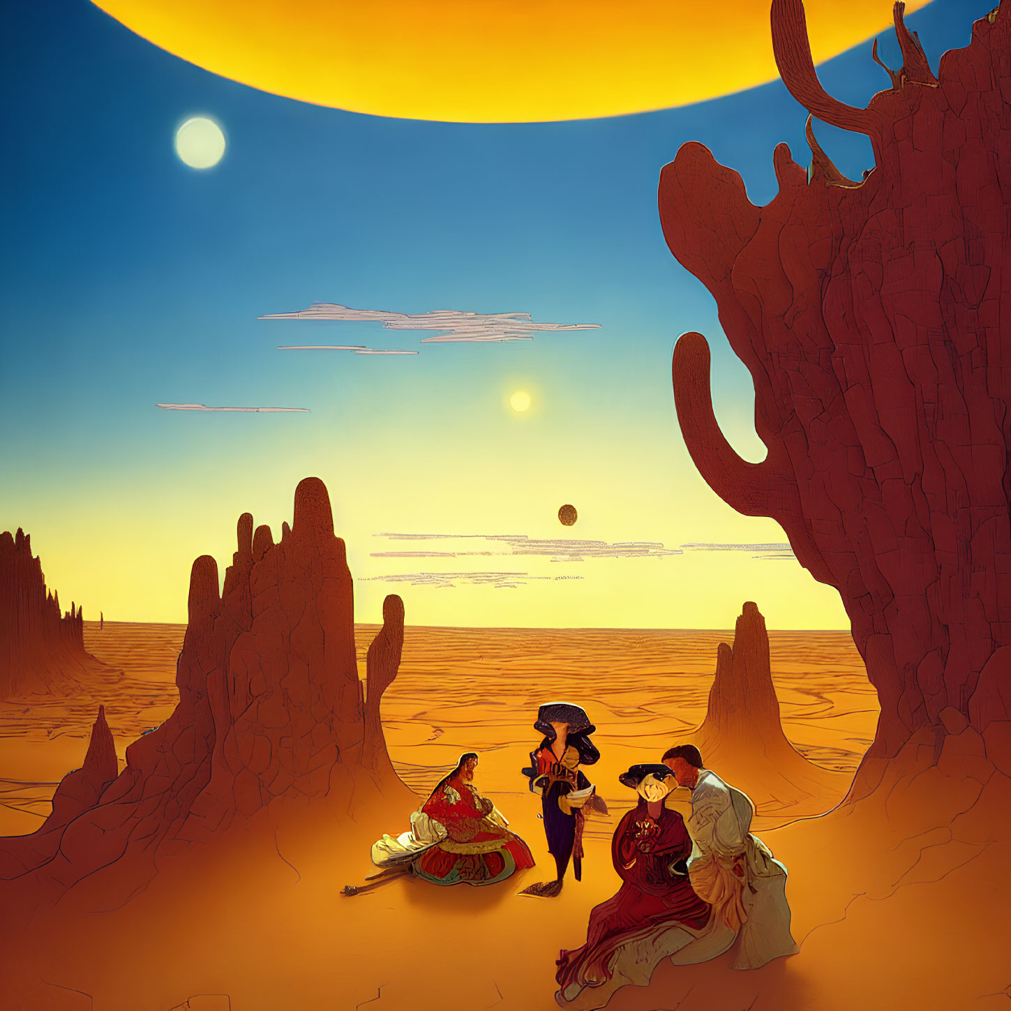Surreal desert landscape at sunset with red sun and moons, silhouetted rock formations,