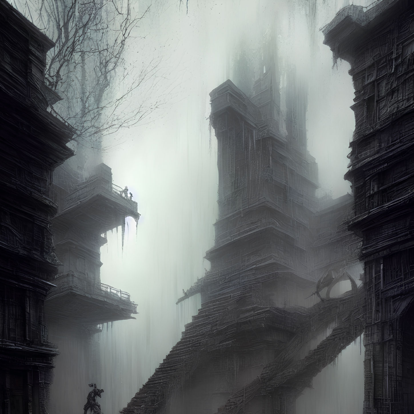 Abandoned multi-tiered structures in fog with lone figure on horseback