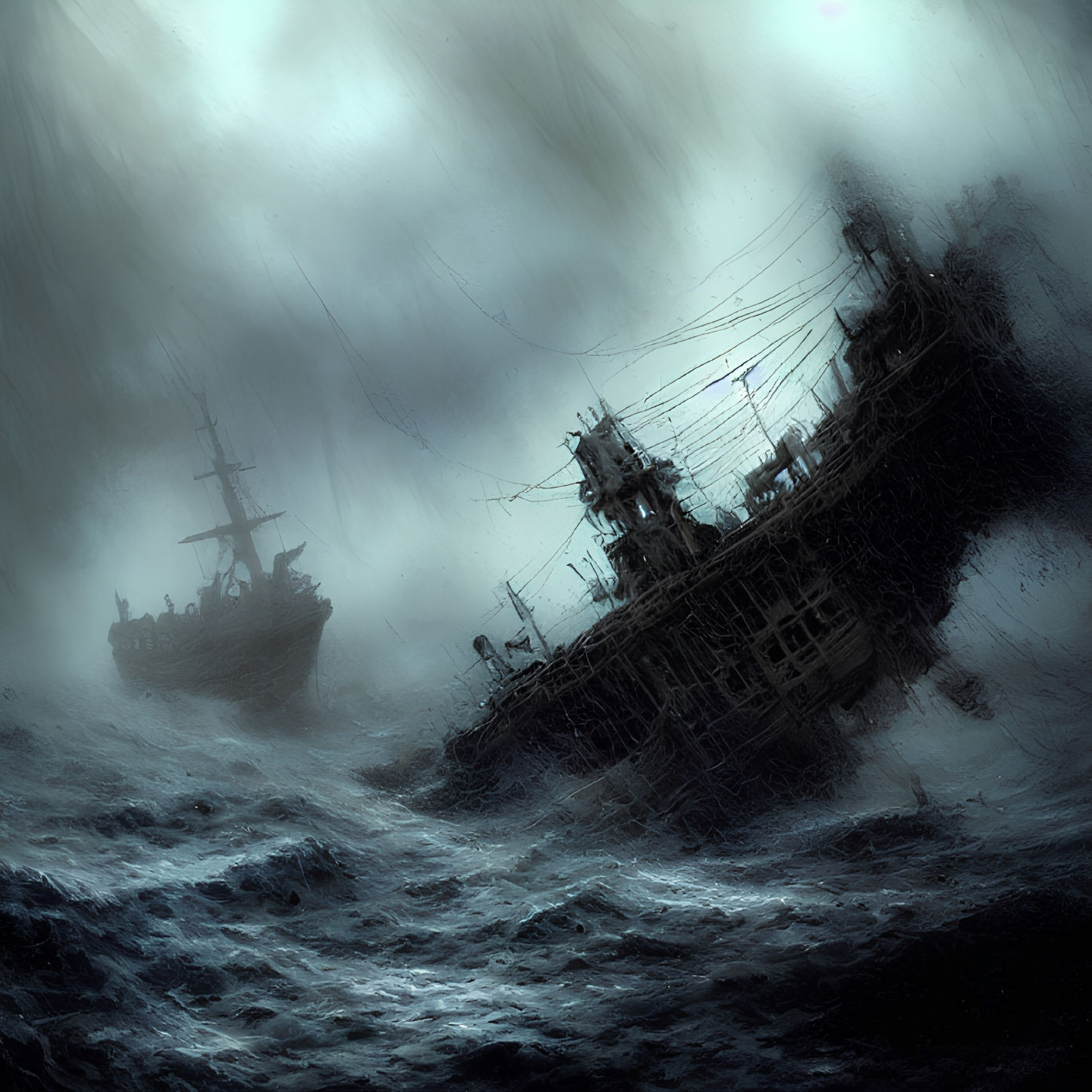 Stormy Sea with Two Ships in Ominous Scene