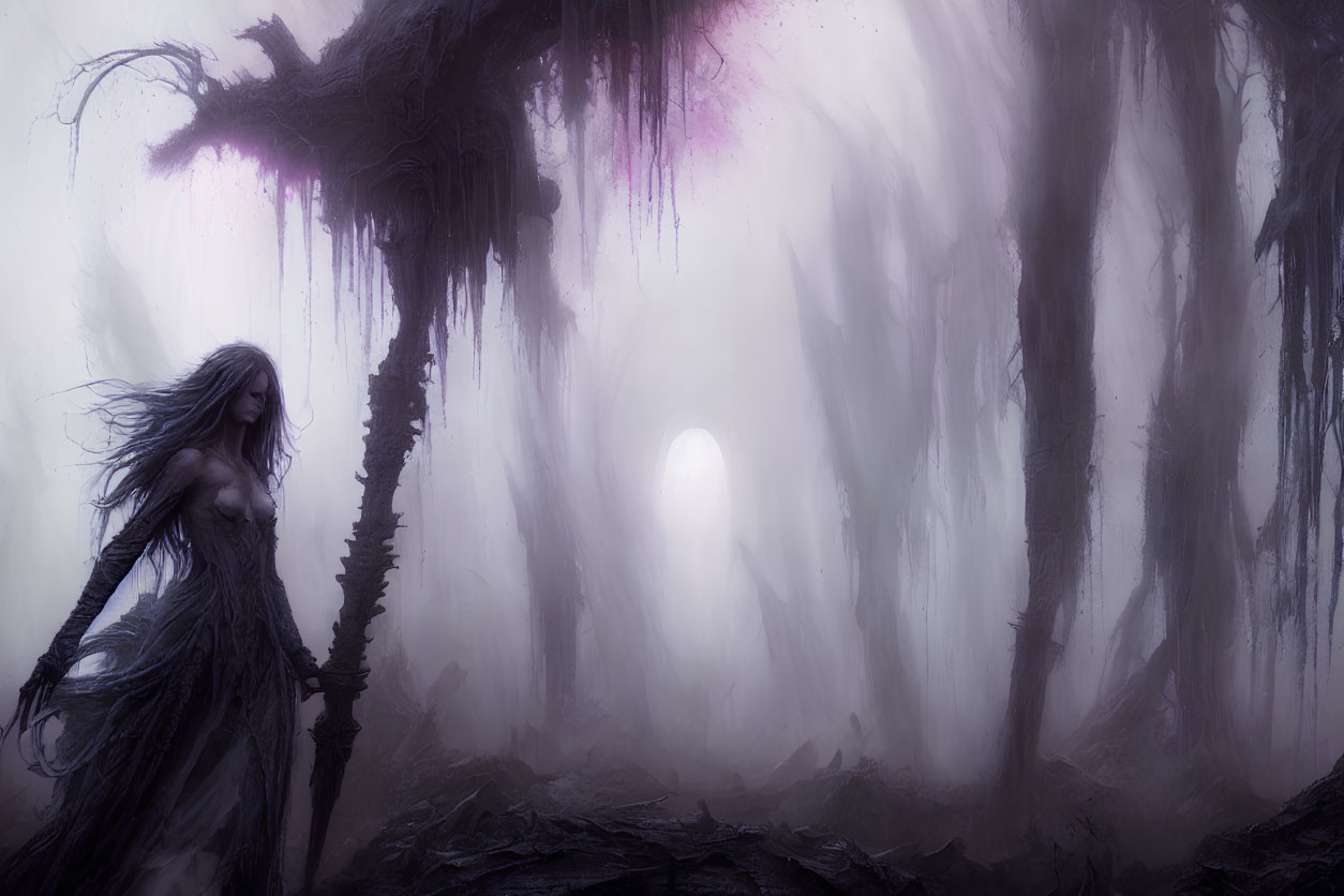 Mysterious woman in foggy forest with flowing hair and white orb