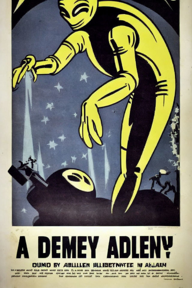 Stylized alien figure in yellow suit reaching spaceship in vintage space poster