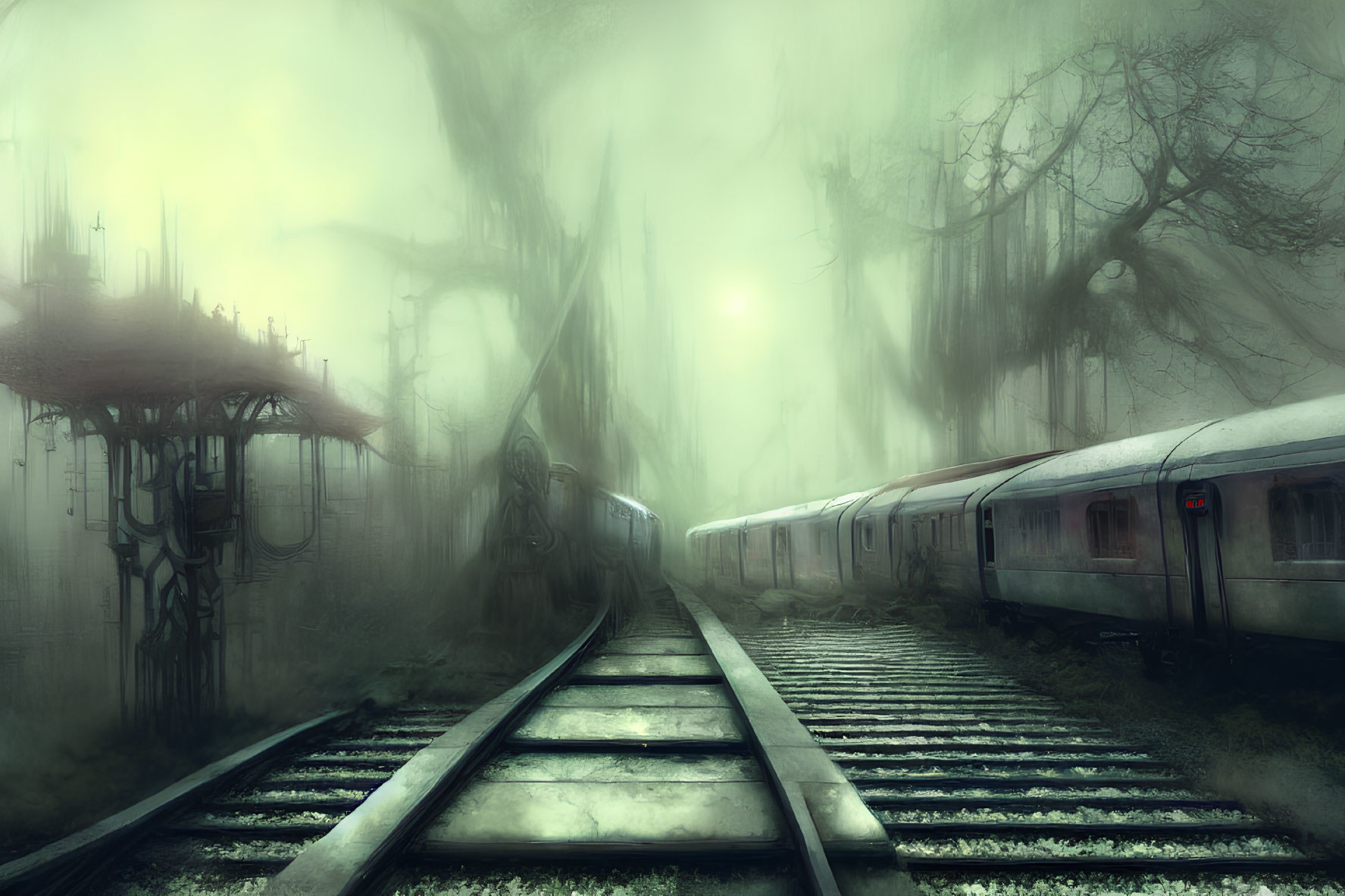 Abandoned train on overgrown tracks in foggy scene