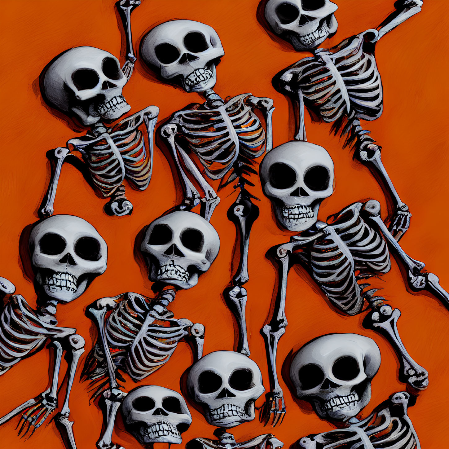 Eight skeletons with prominent skulls on orange background in varied orientations