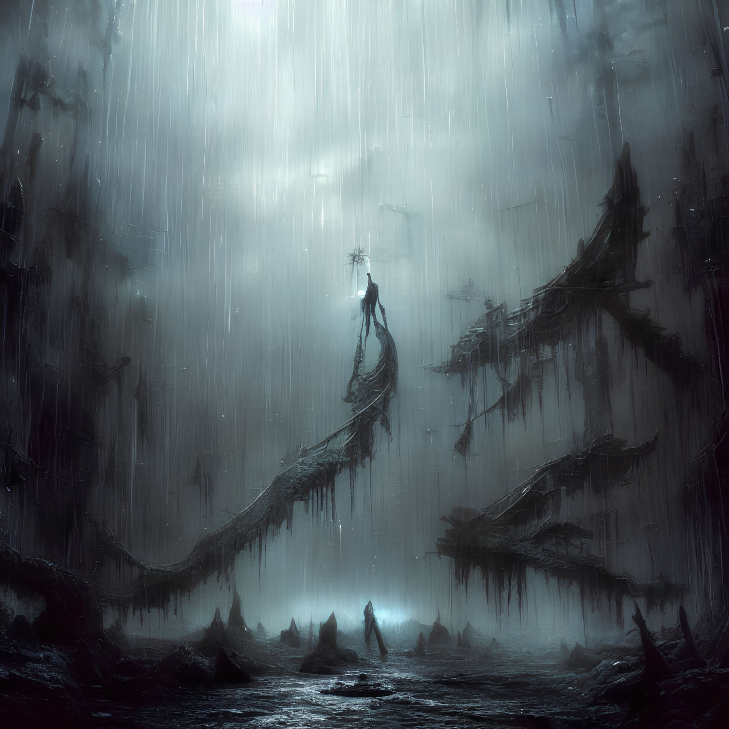 Mysterious figure in rainy, ominous landscape with ethereal presence