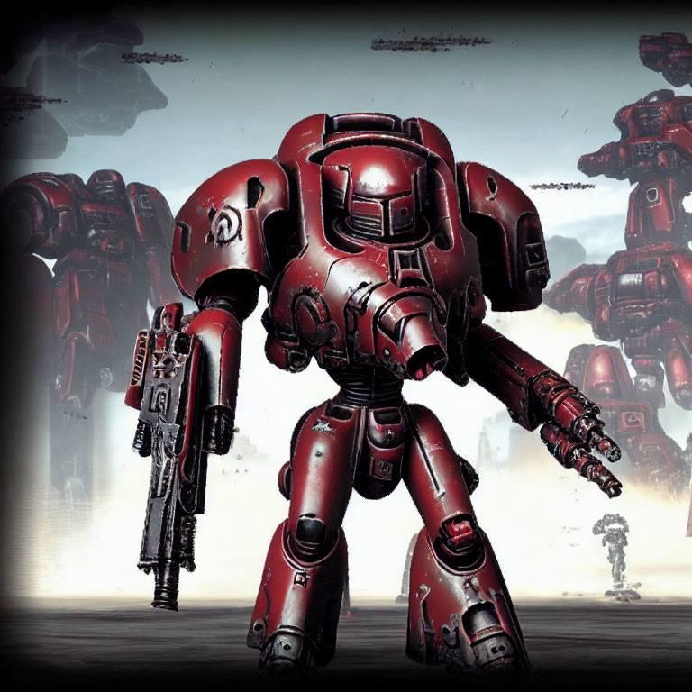 Red Battle Mechs with Arm-Mounted Weapons in Foggy Landscape
