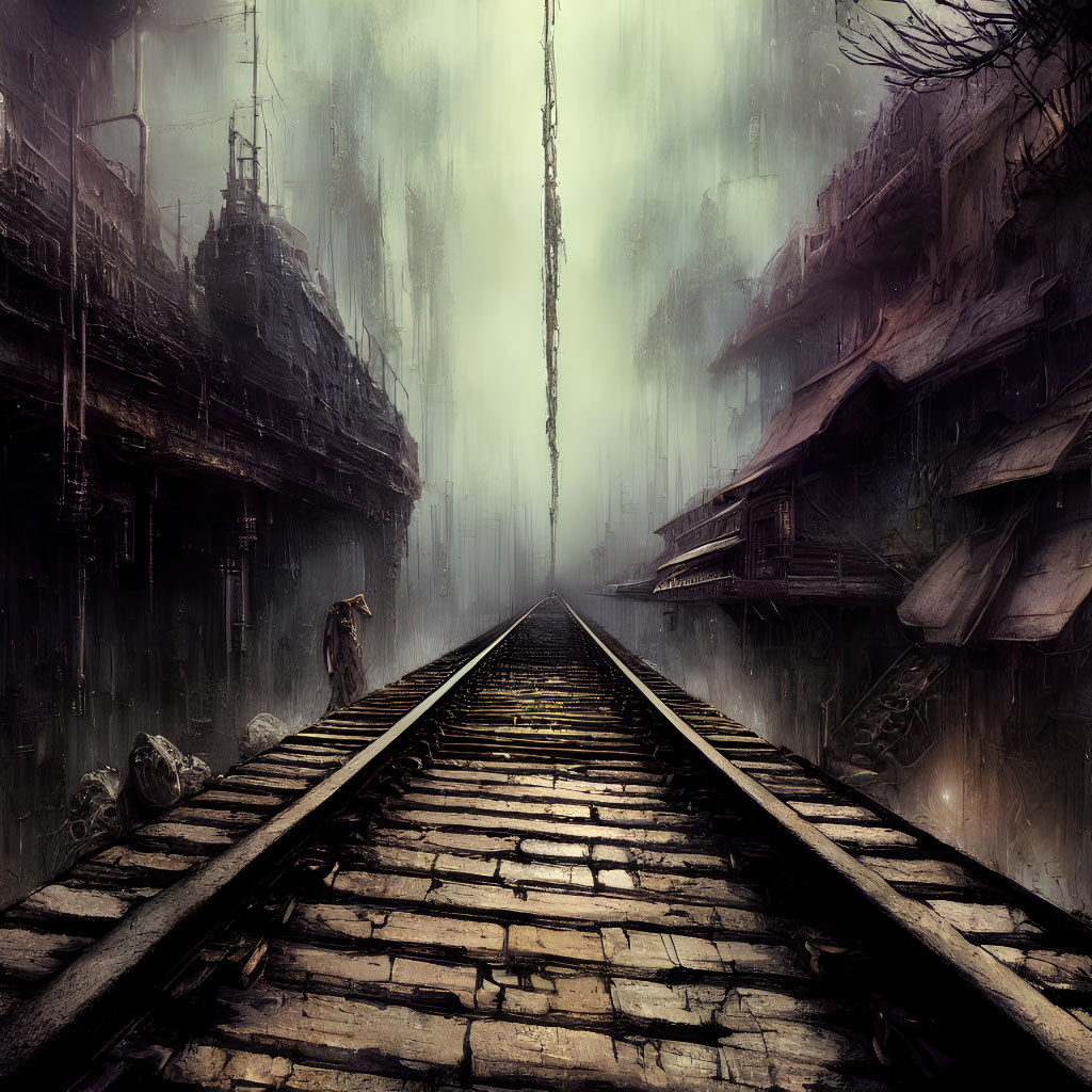 Desolate railway track surrounded by abandoned buildings and ships in a post-apocalyptic setting