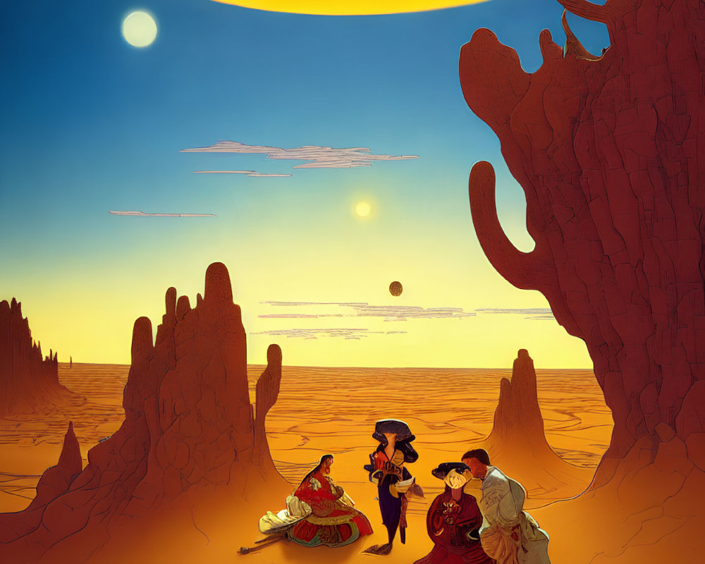 Surreal desert landscape at sunset with red sun and moons, silhouetted rock formations,