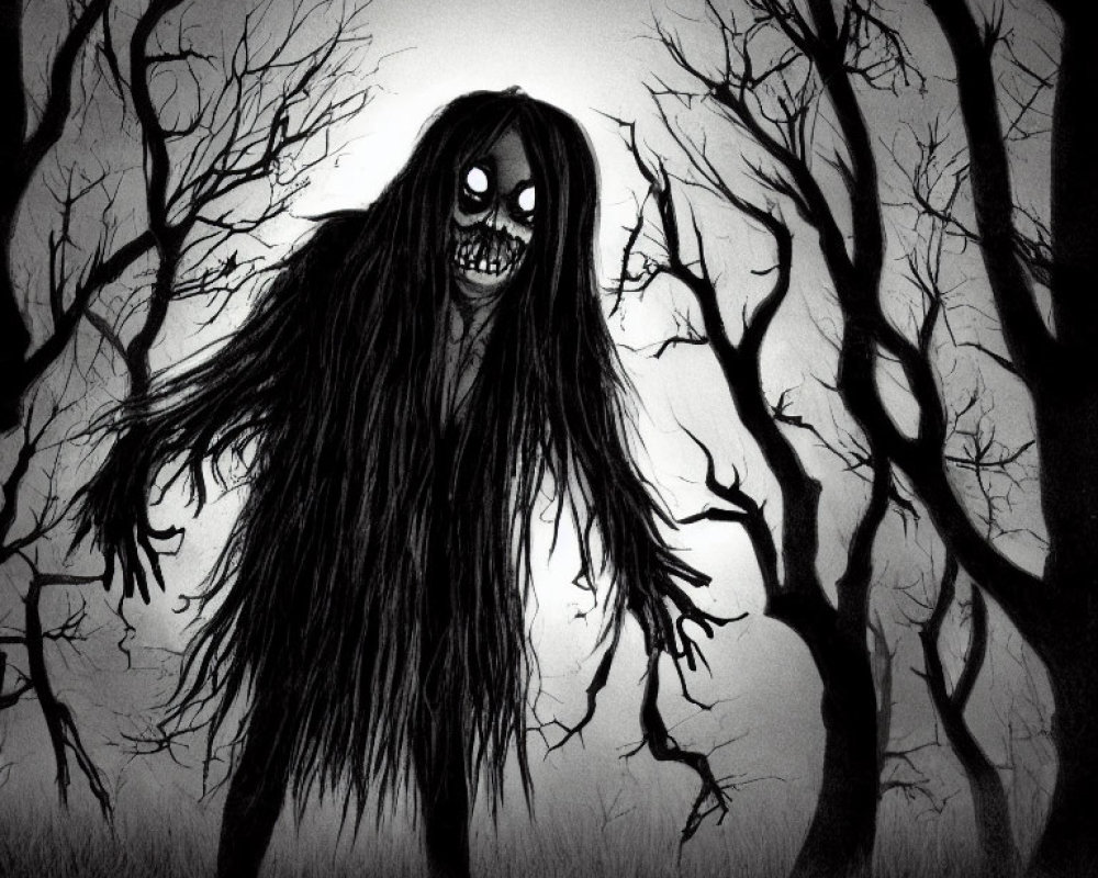 Monochrome illustration of eerie creature in dark forest