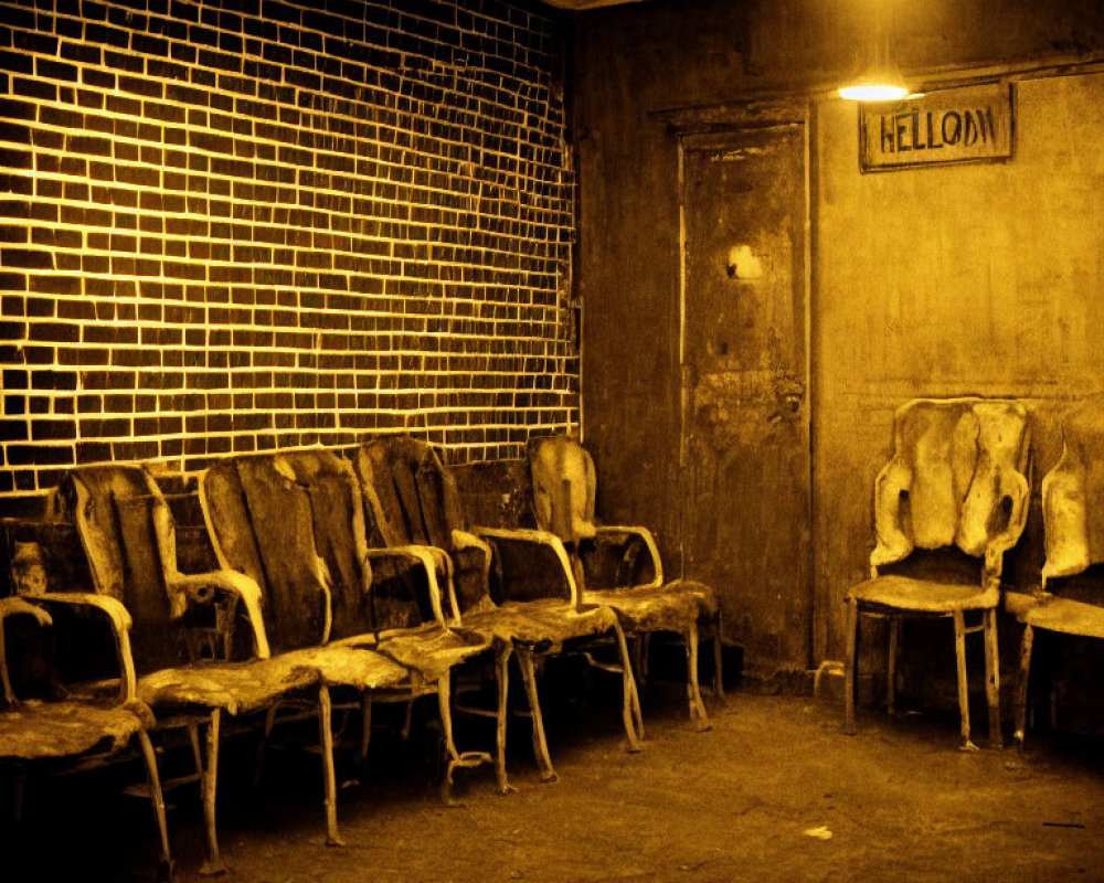 Sepia-toned room with worn chairs, grid light pattern, and "HELLO" sign
