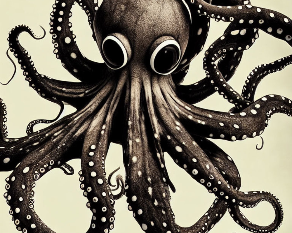 Detailed Monochrome Octopus Illustration with Cartoon-like Eyes