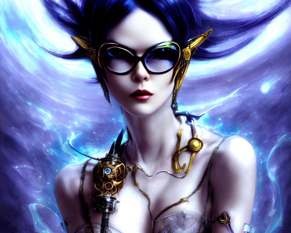 Illustrated character with blue hair, sunglasses, golden earrings, and steampunk necklace on cosmic backdrop