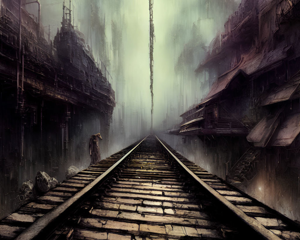 Desolate railway track surrounded by abandoned buildings and ships in a post-apocalyptic setting