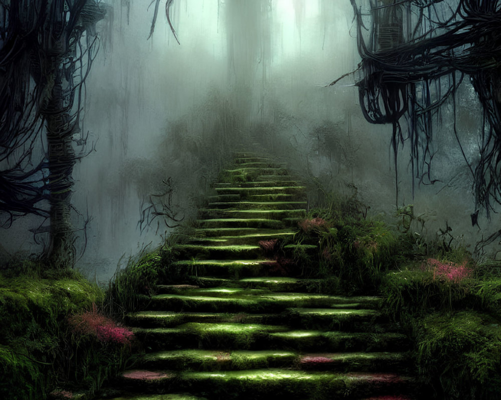 Moss-covered stone steps in misty forest setting